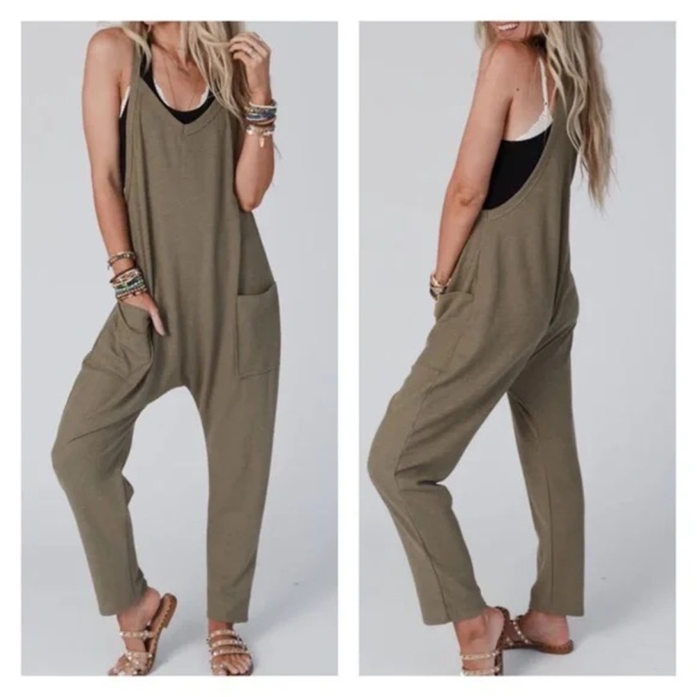 Waffle Knit Forest Green Sleeveless Jumpsuit